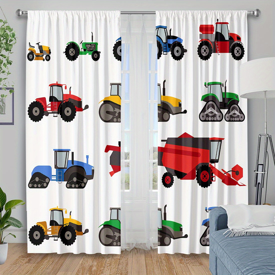 Agriculture Farming Cartoon - Cartoon-Traktor-Vorhang, bunter Vorhang mit Landwirtschaftsmaschinen-Aufdruck, Fensterbehang